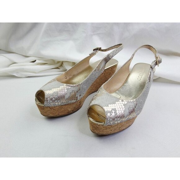 Jimmy Choo Size 38.5 (US 8.5) Womens Snake Print Peep Toe Sling Back Logo Wedge - Picture 12 of 16